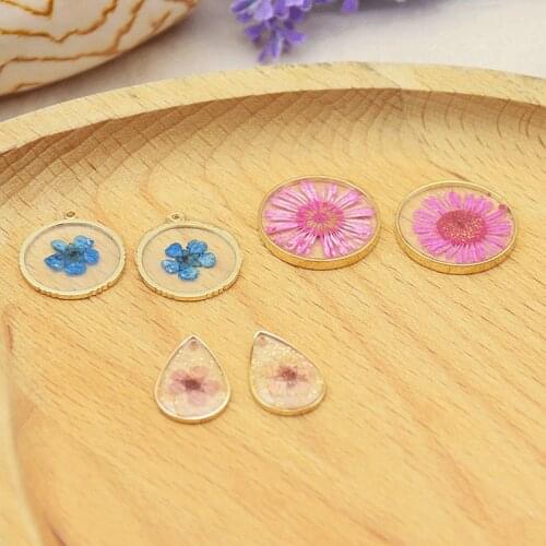 Spring style 30pcs/lot Natural dried flowers geoemtry rounds/water drop shape alloy epoxy charms diy jewelry earring accessory