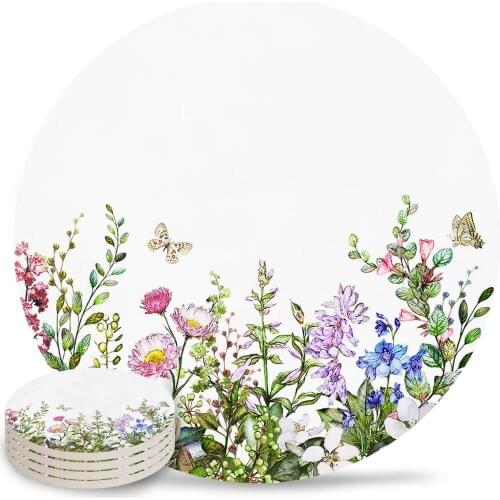 Vintage Watercolor Herb Round Coaster Coffee Table Mats Kitchen Accessories Absorbent Ceramic Coasters