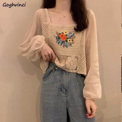 Blouse Women Elegant Hollow Out Fashion Square Collar Slim Print Design Long Sleeve Students Simple All-match Cozy Vintage Ins