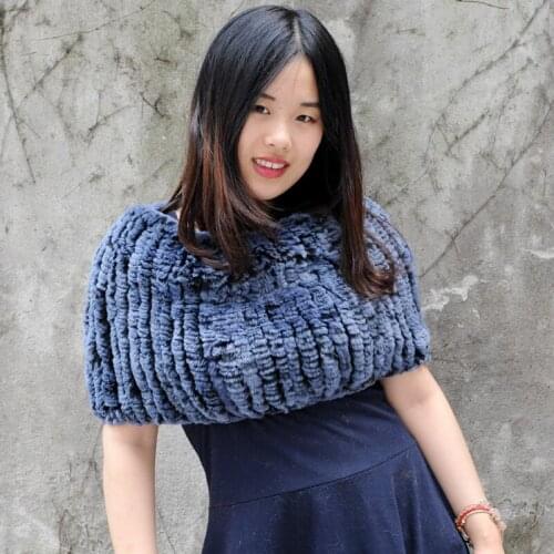 CX-B-44B Girls Fur Tank Shawl Ladies Rex Rabbit fur Knitted Scarf Girls Knitted Winter Fur Shawl