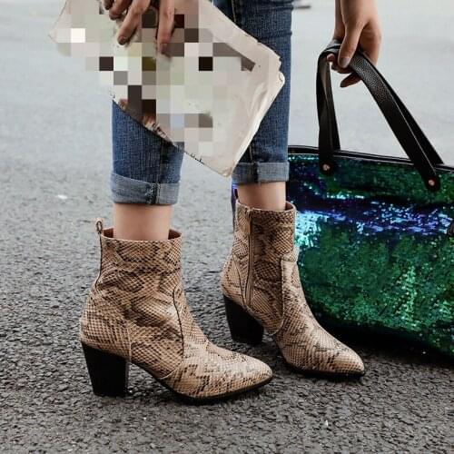 YMECHIC 2019 New Retro Snake Print Block High Heels Womens Shoes Pointed Toe Black Gray Brown Snakeskin Ankle Boots Gothic Shoes