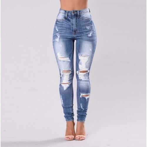 Womens Stretch Skinny Ripped Hole Washed Denim Jeans Female Slim Jeggings High Waist Pencil Pants Trousers