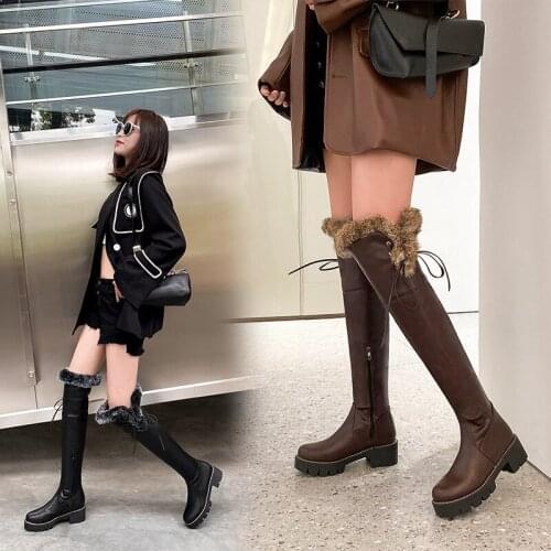 YMECHIC 2021 Winter Sexy Side Cross-tied Plush Inside Over The Knee Boots Women Square Heel Long Botas Party Shoes Big Size 43