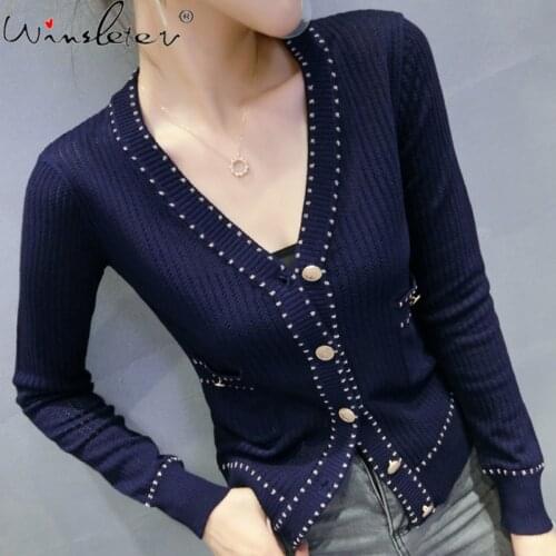 Fall Winter Korean Style Knitted Sweater Fashion Sexy V-Neck Hollow Out Women Button Cardigan Pocket Kobieta Swetry Tops T09104L
