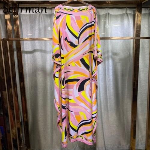Seifrmann New 2021 Summer Women Fashion Runway Boho Maxi Dress Batwing Sleeve Geometric Printed Loose Robe Long Dresses Vestidos