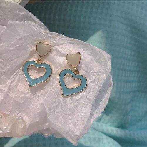 2021 Trend Korean Drop Earrings for Women Blue Enamel Double Heart Korean Fashion Jewelry Female Earring Girls Gift