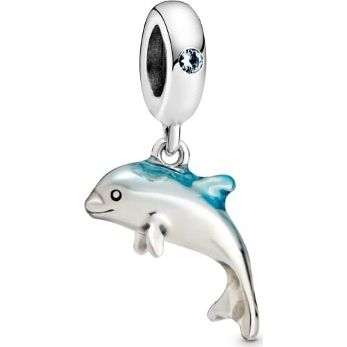 New Shimmering Dolphin Dangle Charm Silver 925 Charms Beads Fit Original Pandora Bracelets Bangle DIY Ocean Series Fine Jewelry