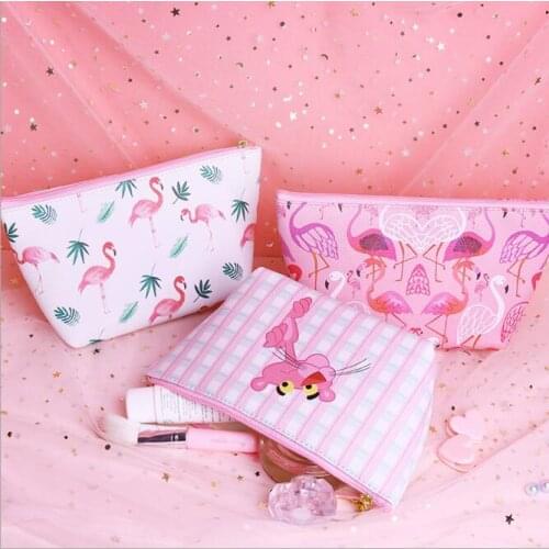 1 Piece Kawaii Pretty PU Leather Flamingo Large Capacity Pencil Bag For Girls Woman Makeup Storage Bags Stationery