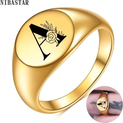 NIBASTAR Engrave Flower Letter Gold Color Ring For Women Men Smooth Signet Ring Stainless Steel Fashion Custom Jewelry