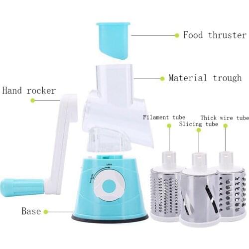 Multifunction Food Slicer Manual Hand Speedy Safe Vegetables Chopper Cutte with 3 Cylindrical Stainless Steel Blades