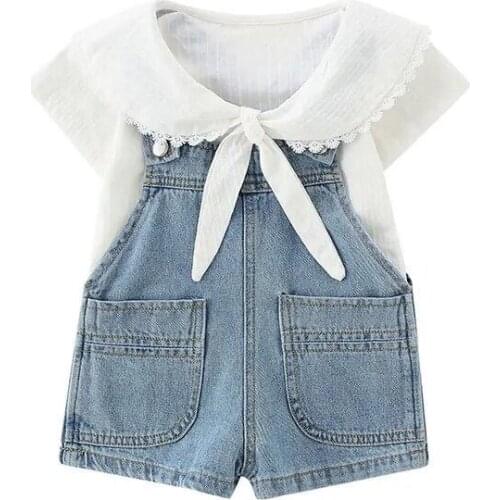 Girls' fashion short sleeve shirt suit trend girl baby denim strap shorts summer two piece suit