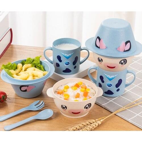 5Pcs/Set Baby Feeding Food Tableware Wheat Cartoon Kids Dishes Children Eating Dinnerware Set Anti-hot Plate Training Bowl