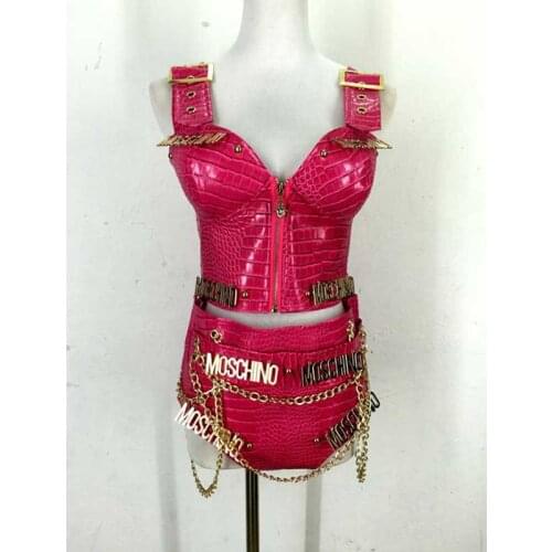 Nightclub Bar DJ Female Singer Jazz Dance Pole Dance GOGO DS Sexy Rose Red Bright Leather Crocodile Pattern stage Costume Sets