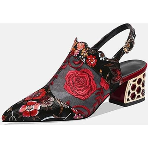 2021 new high-heeled shoes with mesh embroidery coarse heel and ethnic style large-size womens shoes
