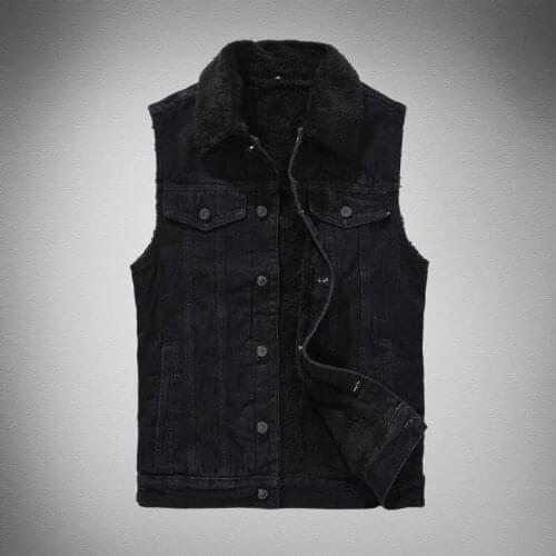 Autumn Mens Winter Warm Vest Black Solid Sleeveless Cotton Fleece Coat Jacket Casual Cowboy Thick Denim Waistcoat S-3XL