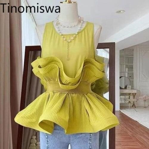 Tinomiswa Ruffle Korean Style Blouse Women O Neck Sleeveless Shirts Female Slim Waist Solid Color All-match Tops Blusas Mujer