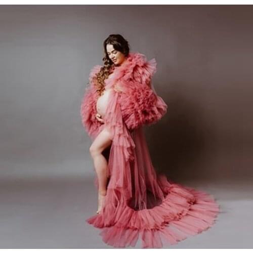 Unique Very Puff Ruffles Sleeves Mesh Pregnancy Dress Open Front See Thru Long Ruffles Tulle Maternity Gowns Baby Shower Dress