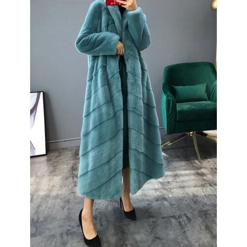2019 New Arrivals Womens Real Mink Fur Coat Full-Long Mink Fur Coat Fashion Winter Warm Loose Blue Fur Outwear