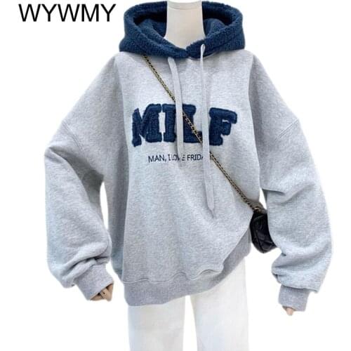 WYWMY MILF Letter Print Lamb Wool Hoodies Women Sweatshirts Loose Korean Style Full Sleeve Casual Hooded Winter Jacket Tops 2021