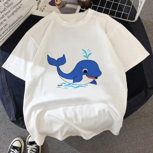 2021 Tees Women T Shirt Print Cartoon whale t shirt Short Sleeved O Neck Tees Shirt for Girls Tee White T-Shirts Female Clothing