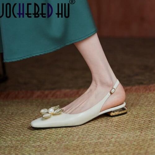 【JOCHEBED HU】2021 Female Flats Shoes Genuine Leather Spring Autumn Women Shoes Metal Flower Pointed Toe Flat Heels Big Size 33-4