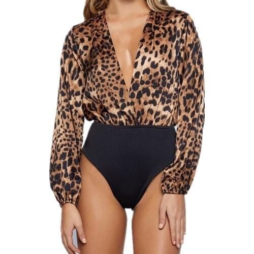 Plus Size Women Sexy Leopard Print Bodysuit Long Sleeve Deep V Neck Slim Fit Party Club Fashion Vintage Rompers Leotard