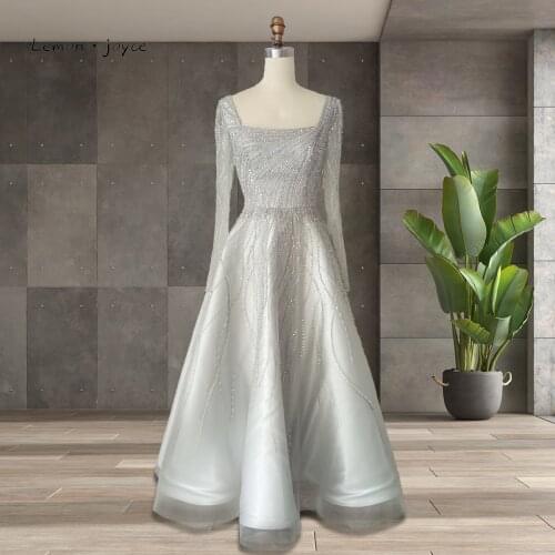 Lemon Joyce Silver Beading Evening Dresses 2021 Elegant Square Collar Long Sleeves A-Line Evening Gown Formal Dress For Woman