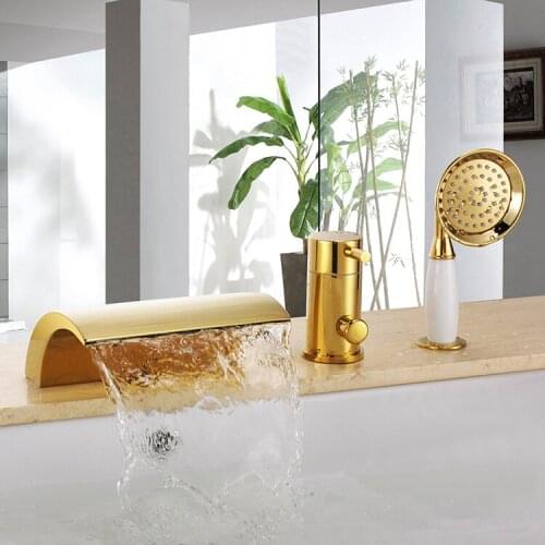 Free ship ti-gold Pvd 3 Pcs widespread Waterfall Bathroom Bath Roman Tub shower faucet