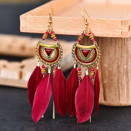 Bohemian Popular Feather Drop Earrings Beads & Imitation Turquoise Long Tassel Earring For Women Red Feather Eardrop Brincos