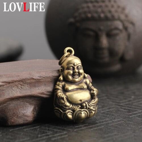 Pure Copper Maitreya Buddha Statue Keychains Pendant Retro Solid Brass Hanging Ornaments Laughing Buddha Key Rings Pendants