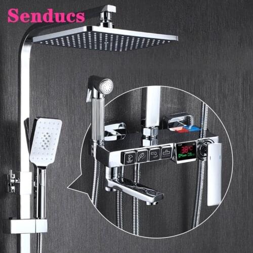 Digital Shower System Senducs Polished Chrome Bathroom Shower Mixer Set Quality Brass Bathtub Faucet Hot Cold Gold Shower Set