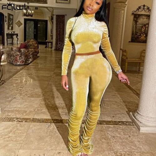 FQLWL Casual Autumn Winter Velvet 2 Two Piece Set Women Outfits Long Sleeve Sexy Bodycon Crop Top Stacked Pants Leggings Women