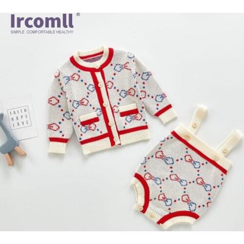 Ircomll Infant Baby Clothing Sets Cotton Jacquard Knitted Coat+Overalls Suit for Girls Sweater Cardigan Toddler Girl Clothes
