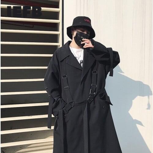 IEFB /mens wear Bandage Classic All-match black long Coat for Man and women 2021 spring new Loose Oversize Windbreaker 9Y1071
