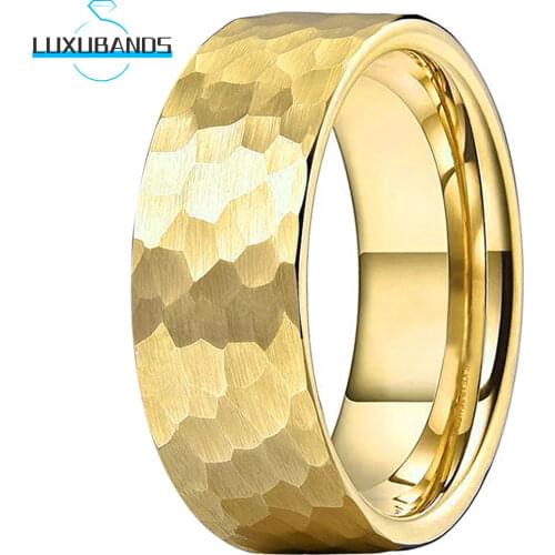 Tungsten Carbide Ring 8MM Gold Multifaceted Hammered For Men Wemen Wedding Band Comfort Fit