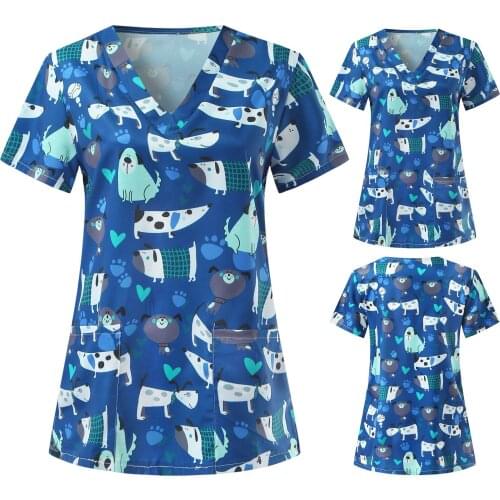 Nursing Working Uniform T-shirts Cartoon Pattern Summer Short Sleeve V-neck 2021 New Nursing Blouse for Women Mukoti Yunifomu