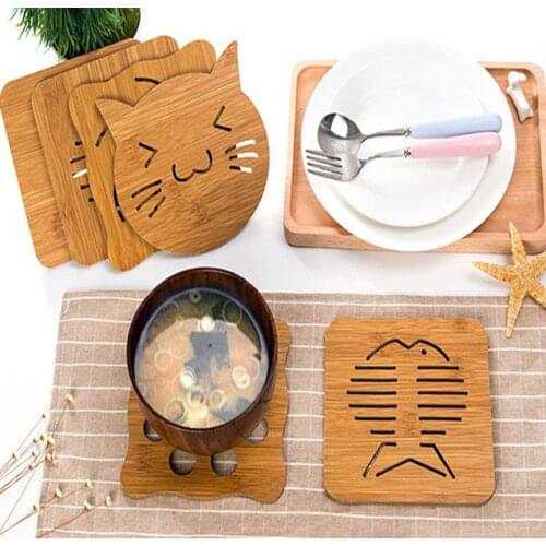 Cute Cartoon Hollow Wooden Carved Cup Coasters Table Pad Mat Kitchen Gadgets Natural Wood Non-toxic Organic Trivet Mat