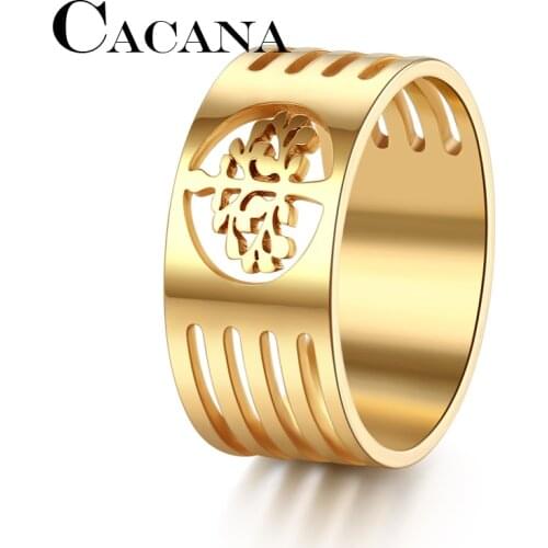 CACANA HIP Punk Gold Silver Color 316L Stainless Steel Wisdom Tree Rings For Men Jewelry FULL Size 7-11
