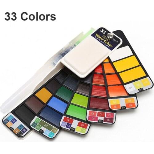 Wholesale 33 Colors Artist Mini Portable Solid Watercolors Paint Pigment Box Pocket Set with 1 Brush Pen for Painting
