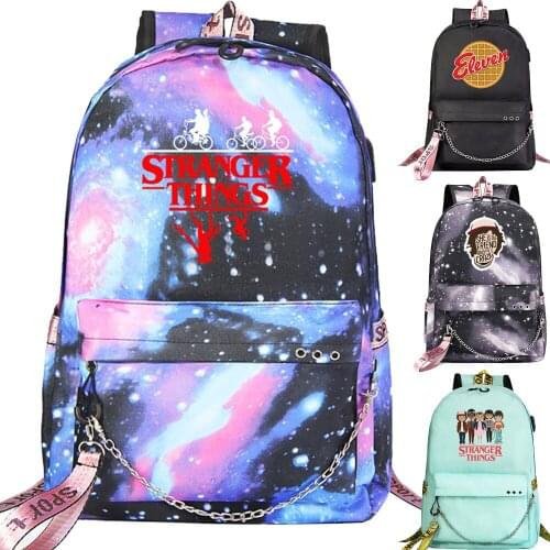 New TV Series Stranger Things Prints Boys Girls Kids School bag Women USB Chain Backpack Canvas Men Bagpack Packsack Bookbag