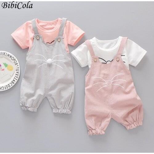Summer New Pure cotton Girl Suspenders Pant + Cute short sleeve Baby Boy Jumpsuit 1-4T baby Clothes Outfit Hot Children Clothes