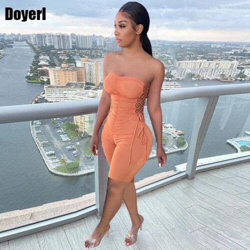 Lace Up Sexy Bodycon Jumpsuit Women One Piece Outfit Women Party Club Outfits Slim Ruched Short Summer Jumpsuits for Women 2021