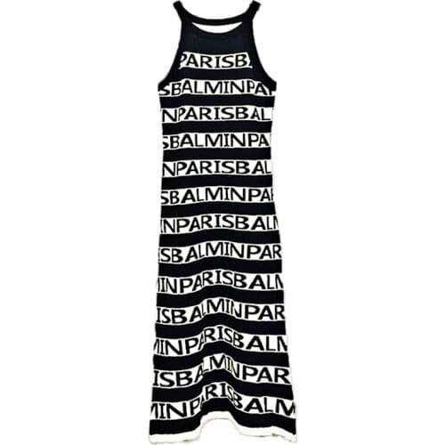 PERHAPS U Women Black White Khaki Halter Sleeveless Knitting Striped Letter Bodycon Dress D1247