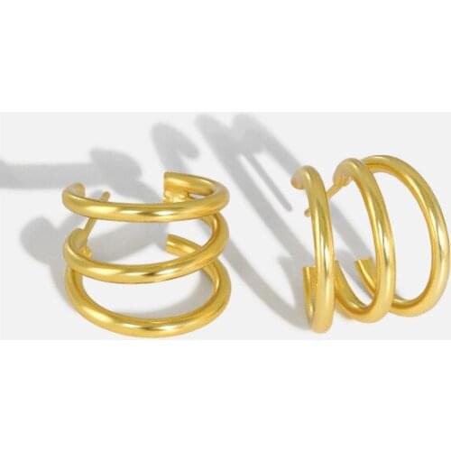 18K Gold Authentic 925 Sterling silver Three-Rows Line Multi-Layered Stud earrings FINE jEWELRY TLE2149