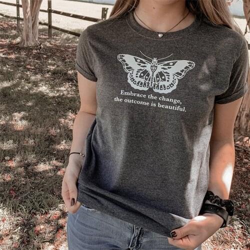 2021 Summer New Butterfly Slogan Printed Women 100% Cotton Tshirts Dark Grey Round Neck Short Sleeve Loose Ins Fashion T shirt