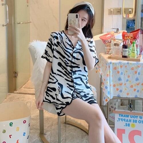 Silk Satin Short Sleeve Shorts Pajama Set for Women 2021 Summer Cute Cartoon Zebra Print Sleepwear Homewear Pijama Mujer Clothes