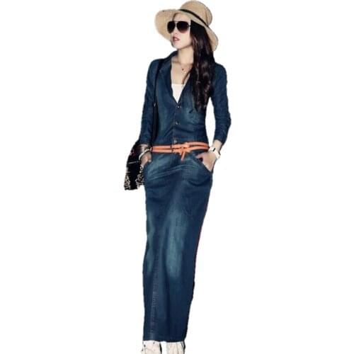 Autumn Blue Denim Dress Jean Cowboy Elastic High Stretch Package Hip Bodycon Pencil Dress Women Maxi Dresses