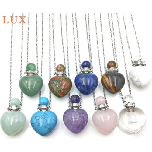 Heart shape Perfume Bottle Pendant Necklace Natural Gems stone Pendant Chakra Crystal Quartz essential oils bottle Women Jewelry