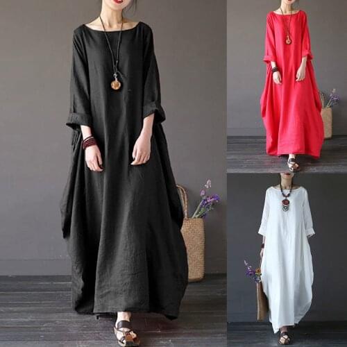 Womens Linen Dress Black White Long Sleeve Maxi Dress For Casual Loose Oversized Dress Autumn Solid Color Clothes