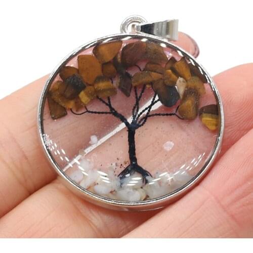 1Pcs Natural Stone Pendants Tiger Eye Round Tree of Life Crystal for Necklace Jewelry Making DIY Women Gifts